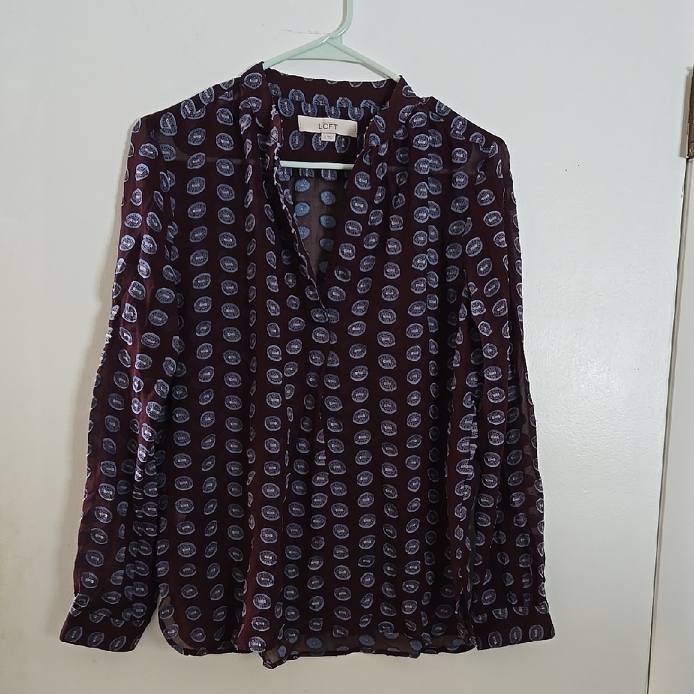 Loft Burgundy Blouse with White Polka Dots